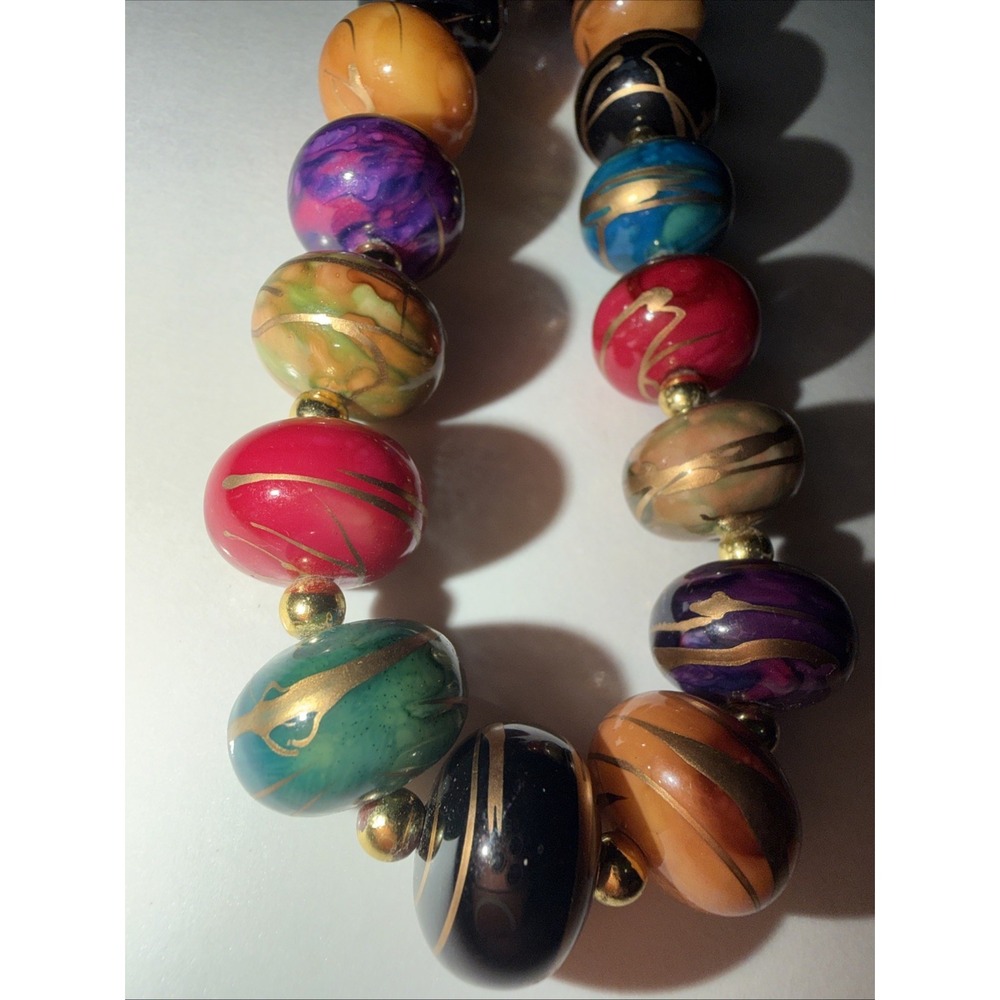 Vintage Necklace Multi Color Painted Marbled Bead Gold Tone 28" Long Statement